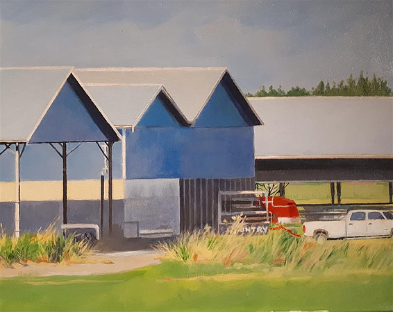 Blue Barn with white truck